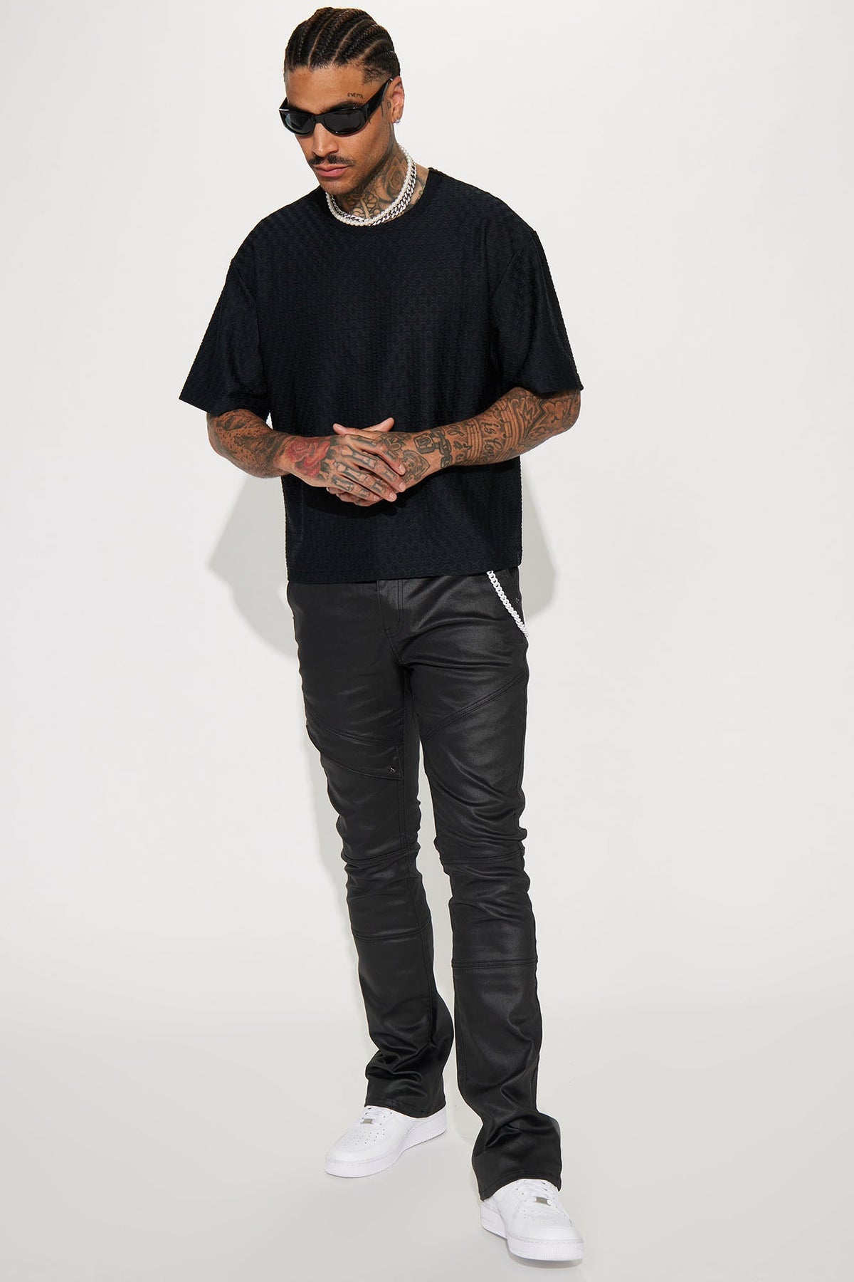 Beg For Me Coated Stacked Skinny Flare Pants - Black