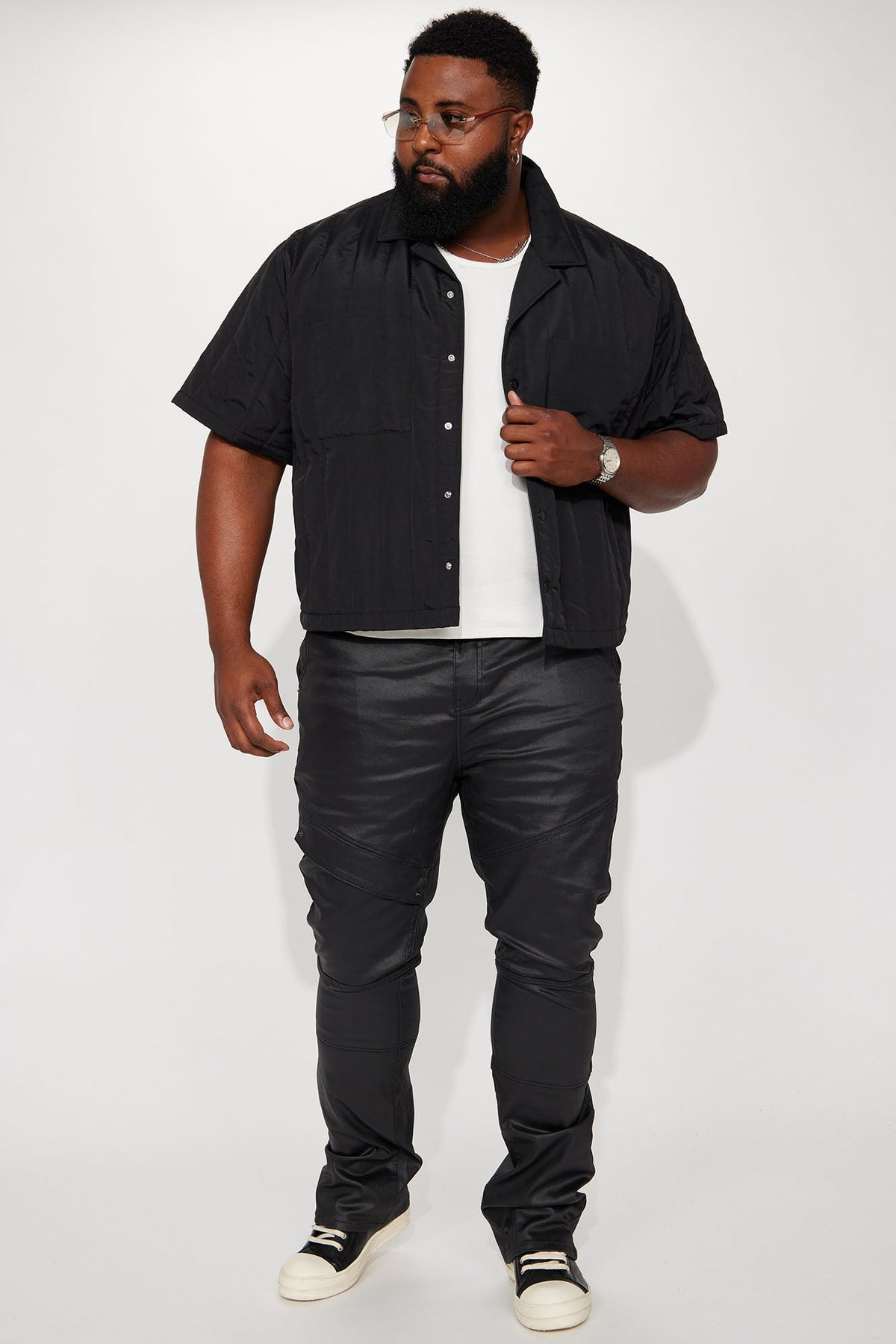 Beg For Me Coated Stacked Skinny Flare Pants - Black