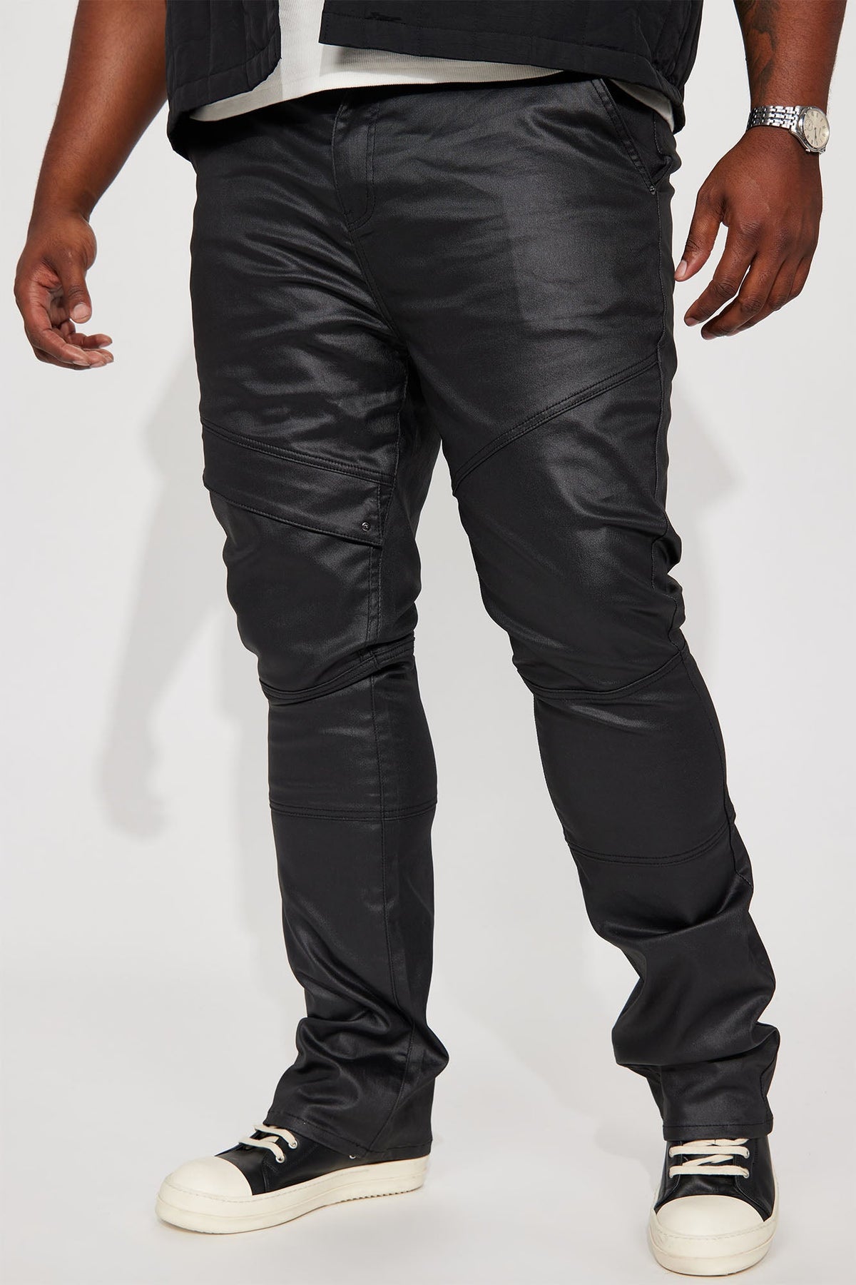 Beg For Me Coated Stacked Skinny Flare Pants - Black