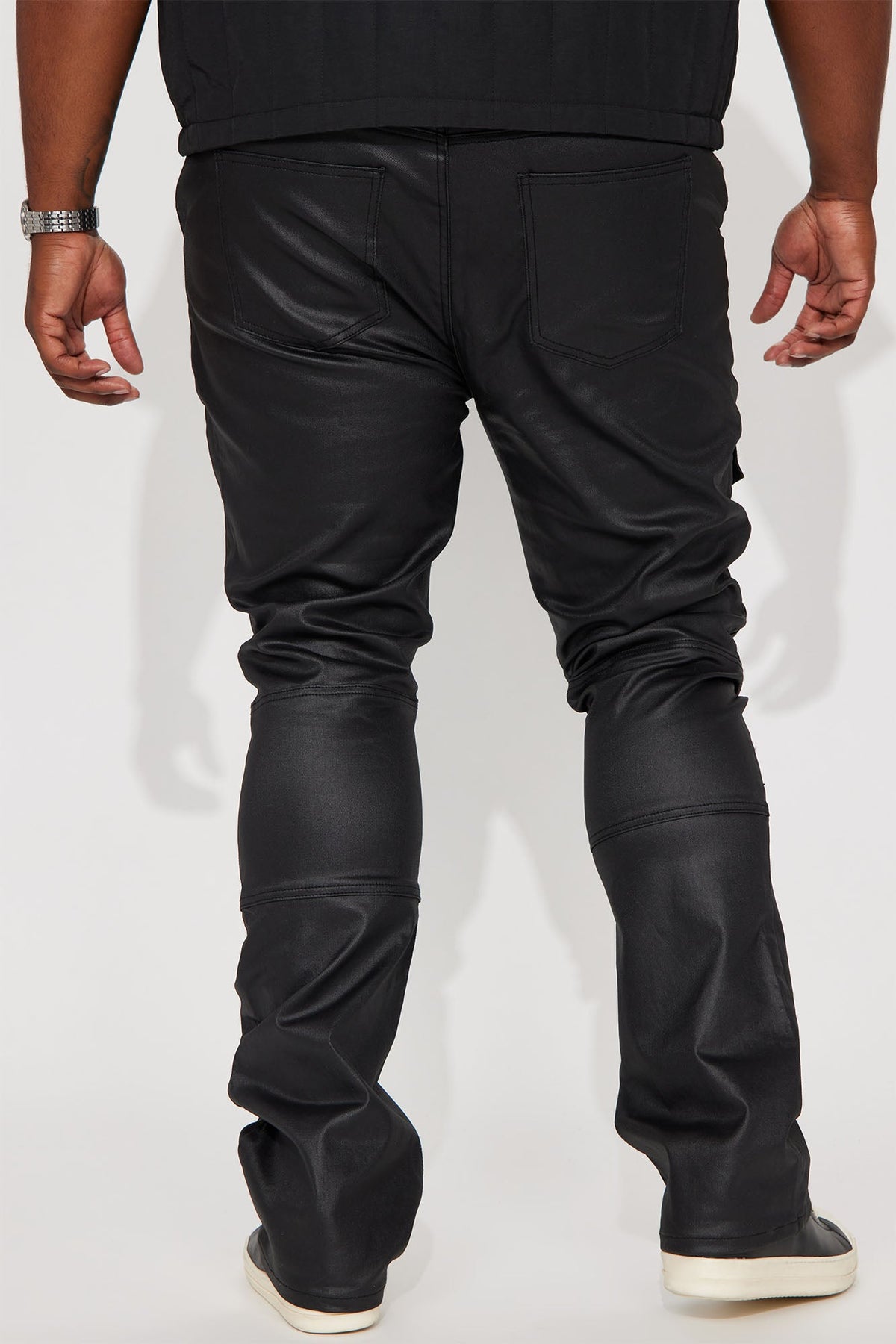 Beg For Me Coated Stacked Skinny Flare Pants - Black
