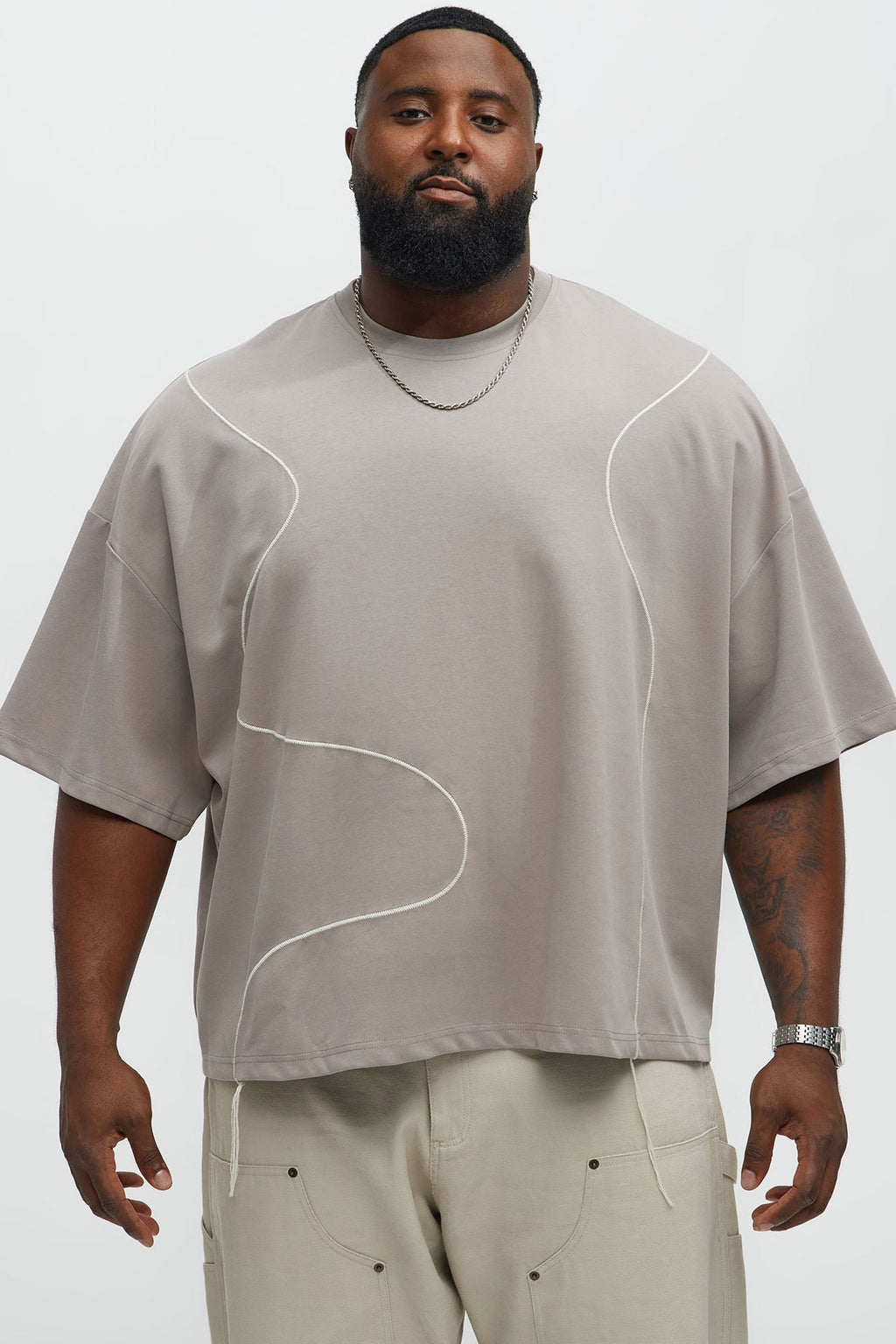 Vertical Wavy Contrast Stitch Boxy Cropped Tee - Taupe