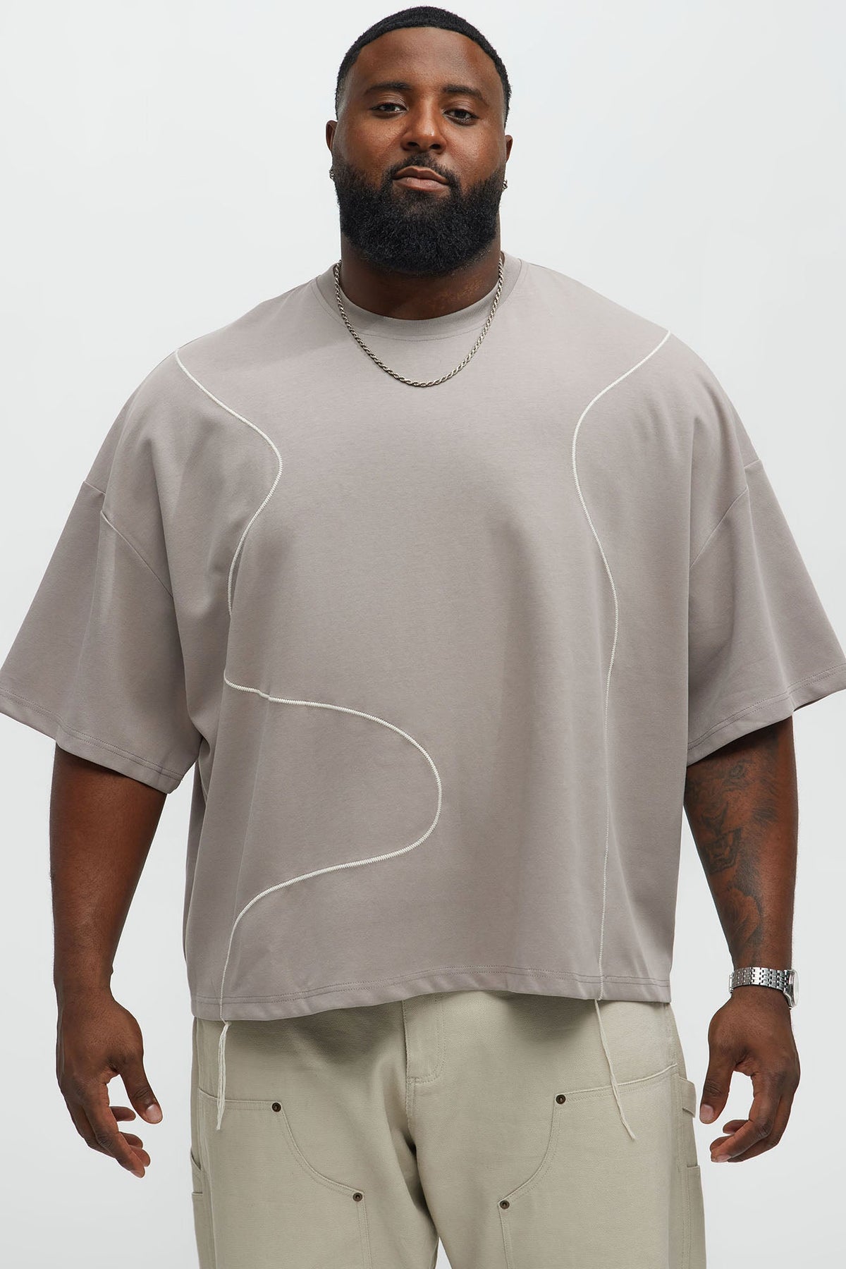 Vertical Wavy Contrast Stitch Boxy Cropped Tee - Taupe