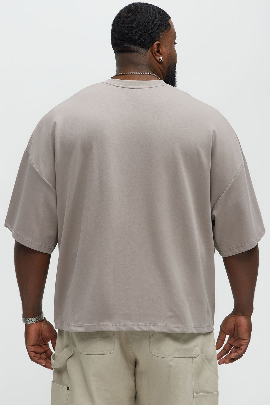 Vertical Wavy Contrast Stitch Boxy Cropped Tee - Taupe