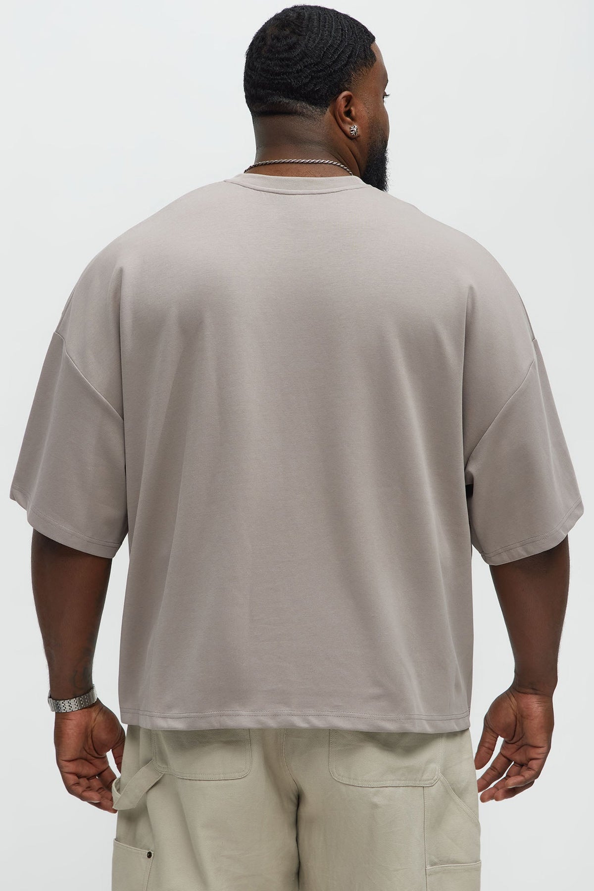 Vertical Wavy Contrast Stitch Boxy Cropped Tee - Taupe