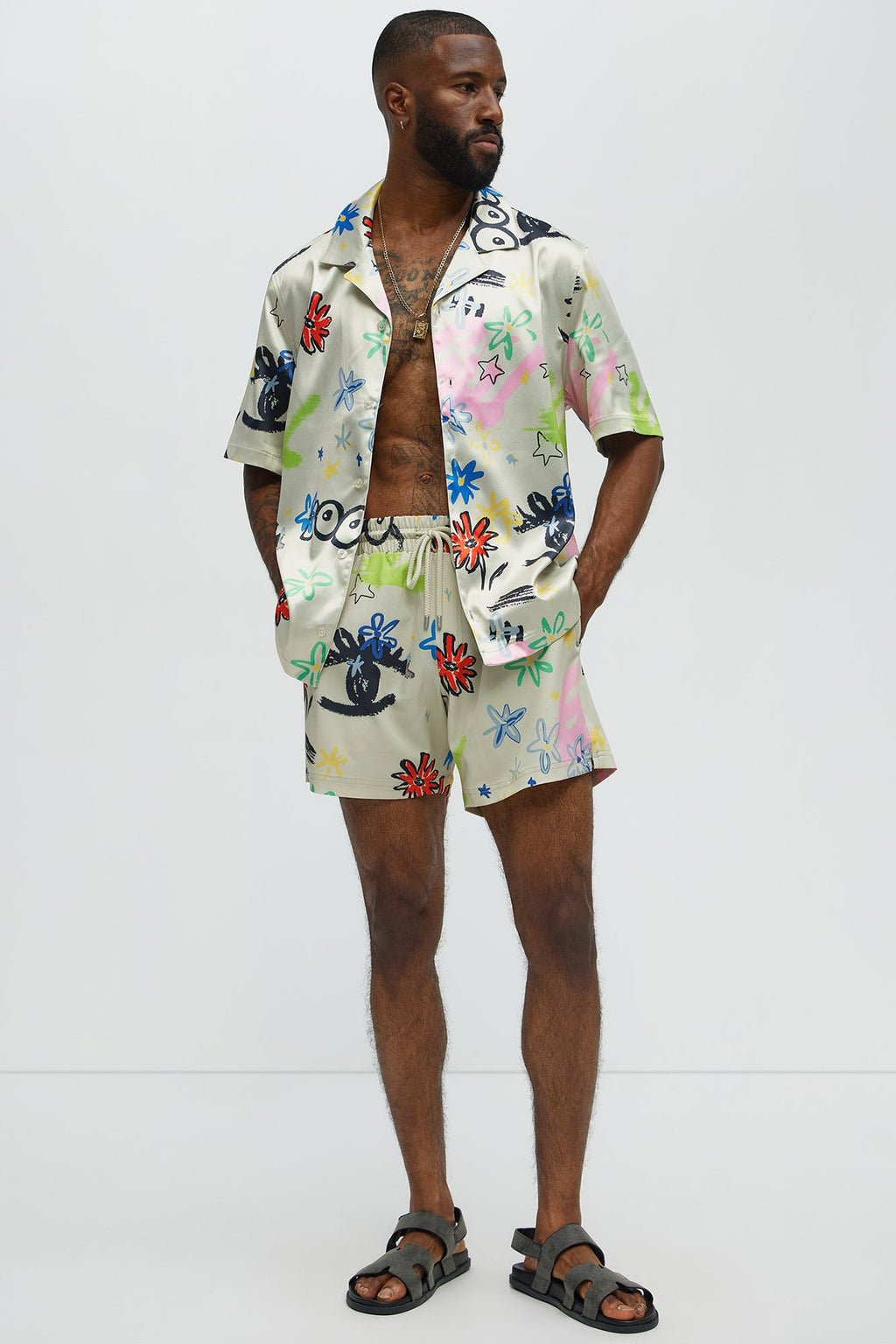 Graffiti Bloom Cuban Collar Button Up Shirt - Multi Color