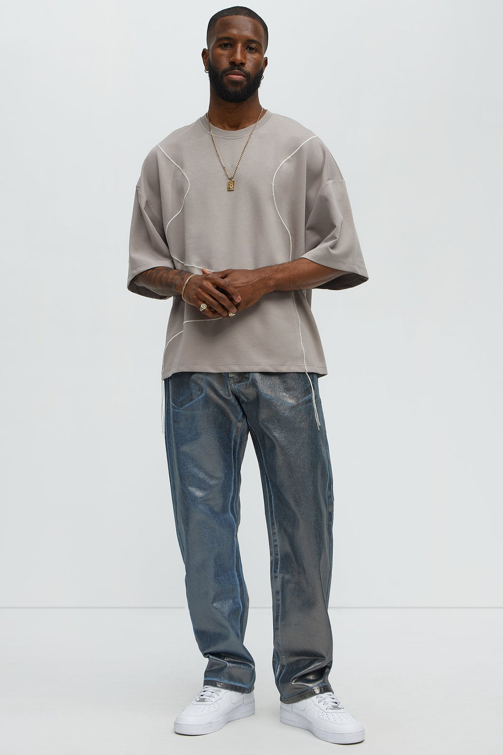 Vertical Wavy Contrast Stitch Boxy Cropped Tee - Taupe