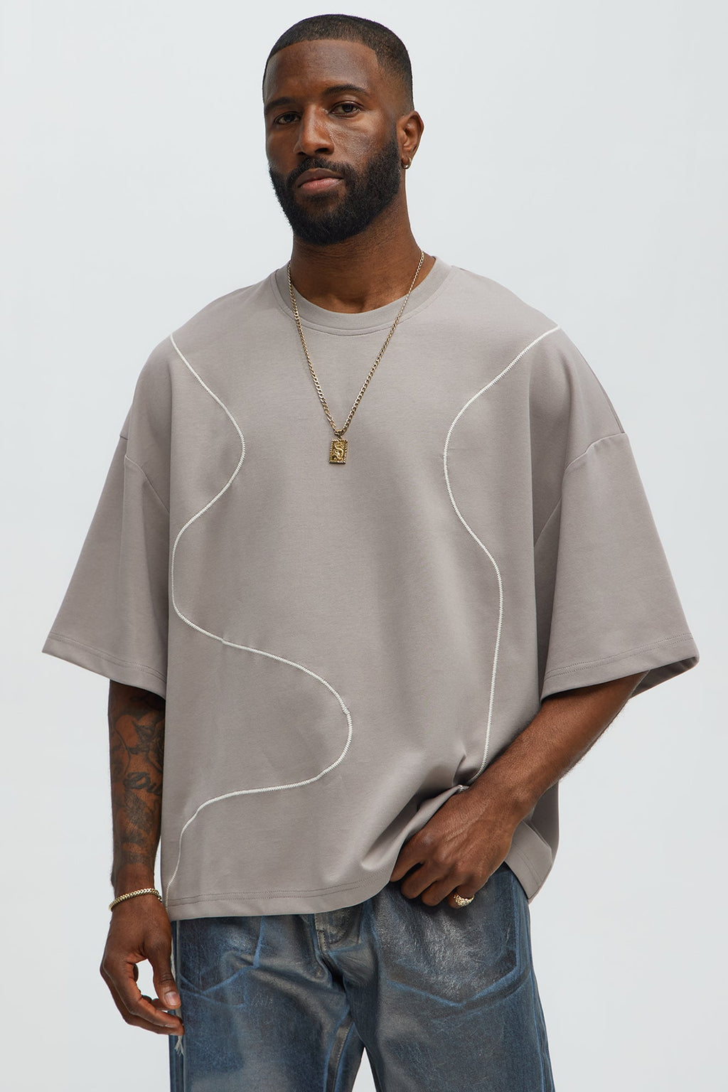 Vertical Wavy Contrast Stitch Boxy Cropped Tee - Taupe