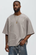 Vertical Wavy Contrast Stitch Boxy Cropped Tee - Taupe