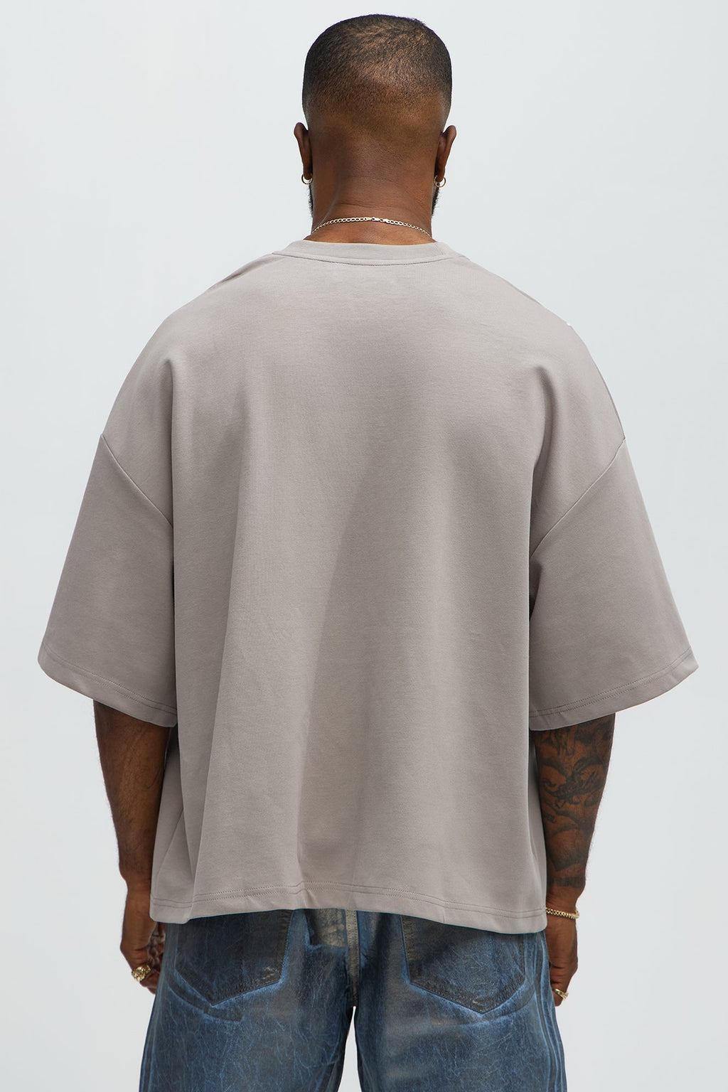 Vertical Wavy Contrast Stitch Boxy Cropped Tee - Taupe