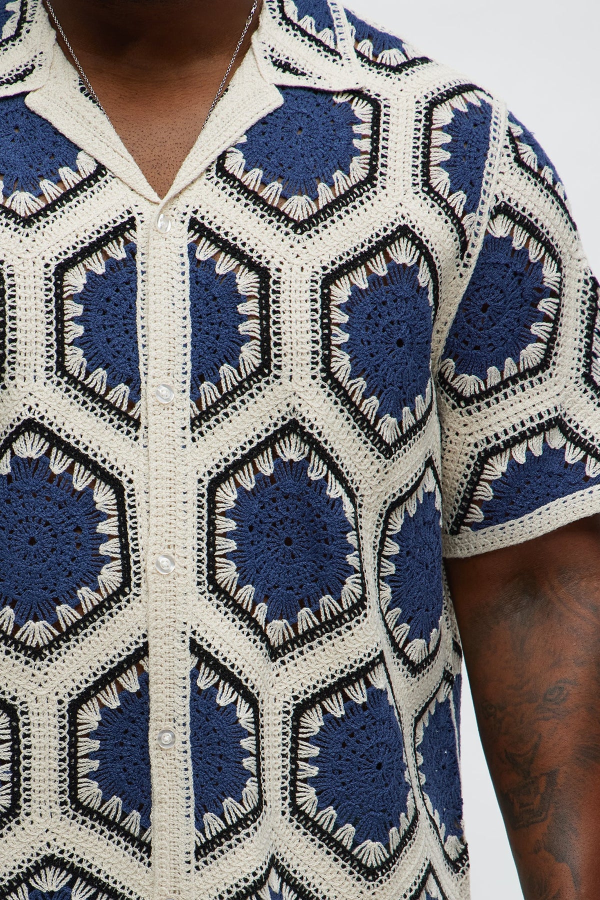 Vacay Vibes Crochet Button Up Shirt - Navy/combo