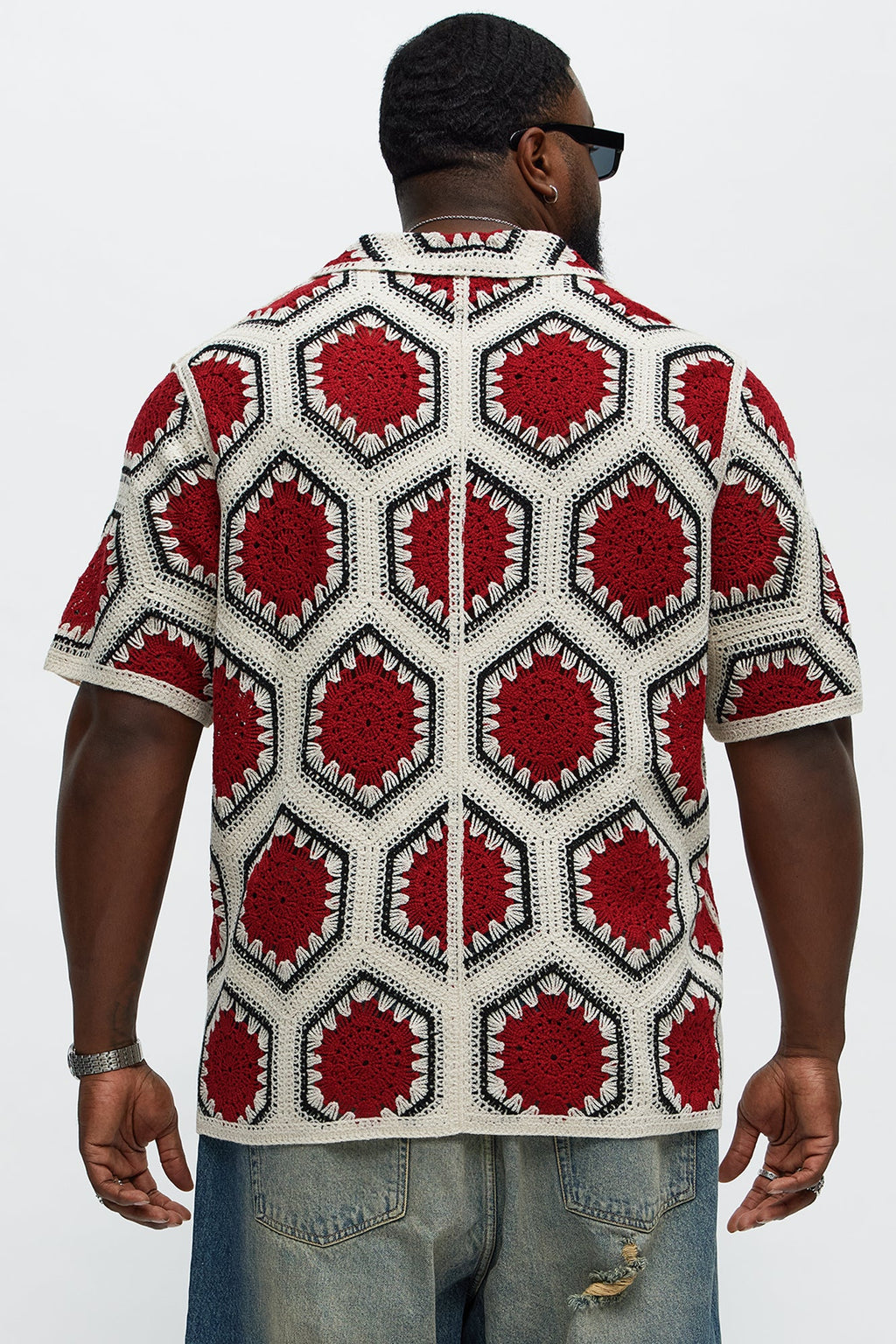 Vacay Vibes Crochet Button Up Shirt - Red/combo