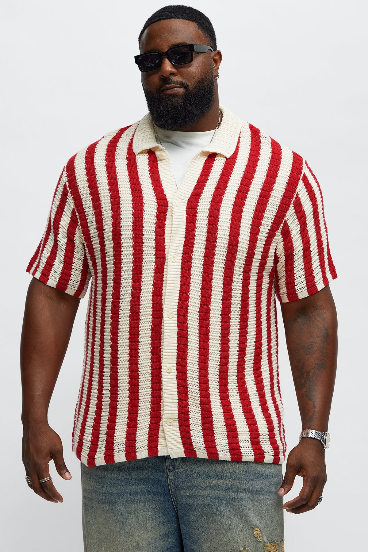 Clark Striped Knit Button up Shirt - Red/combo