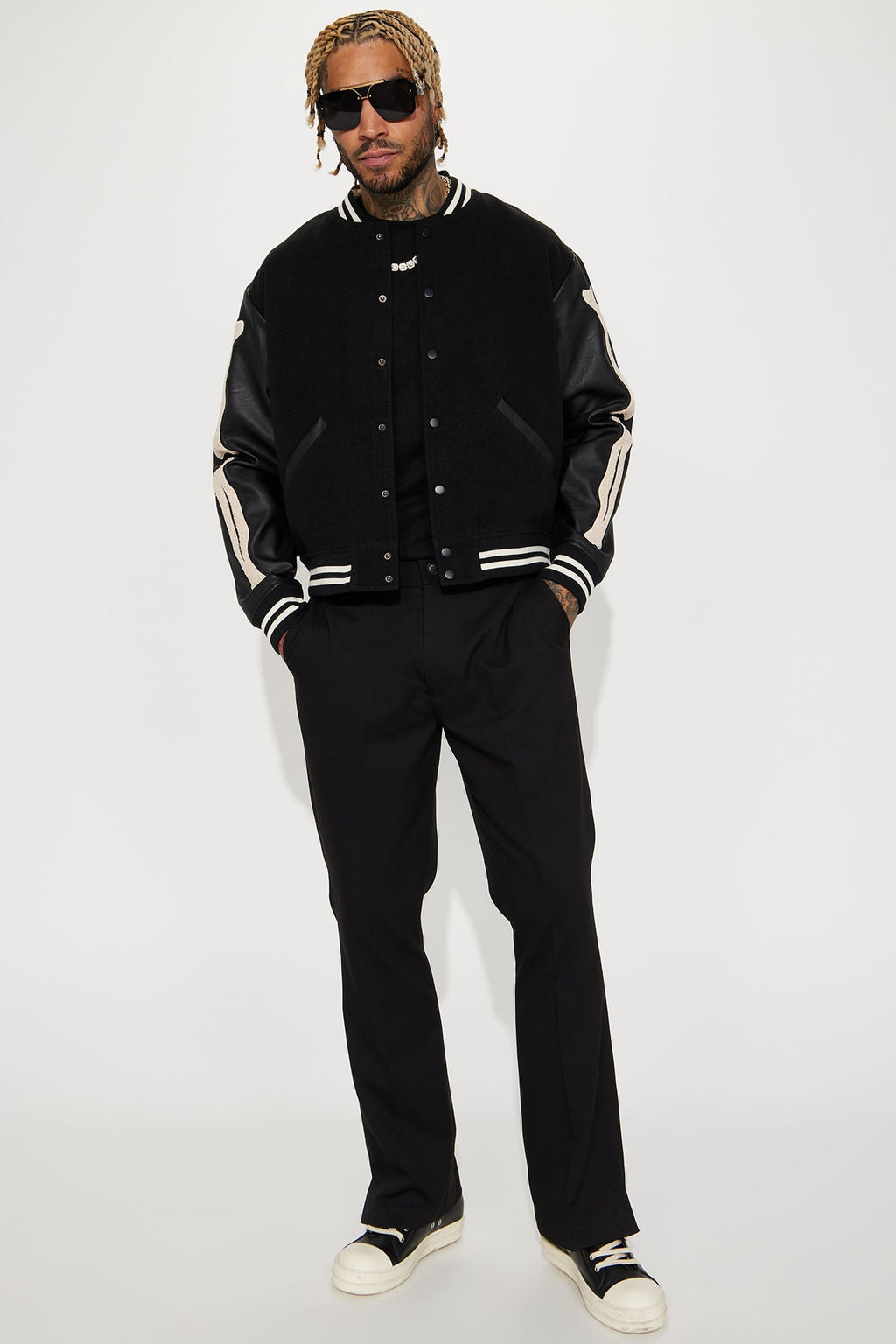 Bone Applique Varsity Bomber Jacket - Black