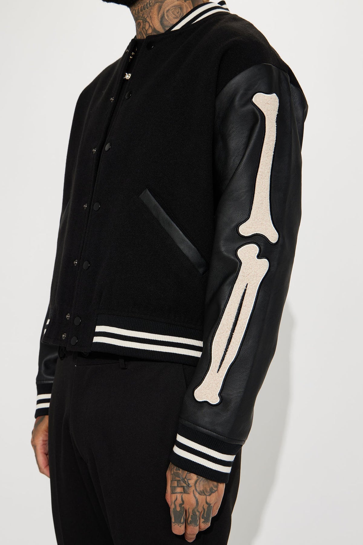 Bone Applique Varsity Bomber Jacket - Black