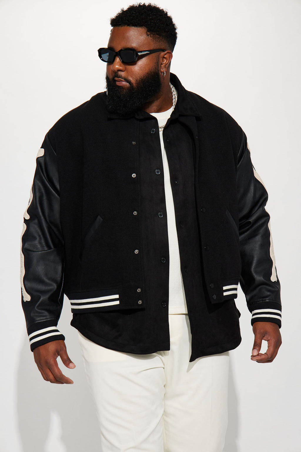 Bone Applique Varsity Bomber Jacket - Black