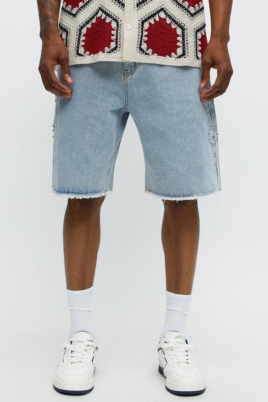 Relaxed Come In Clutch Studded Denim Shorts - Light Blue Wash