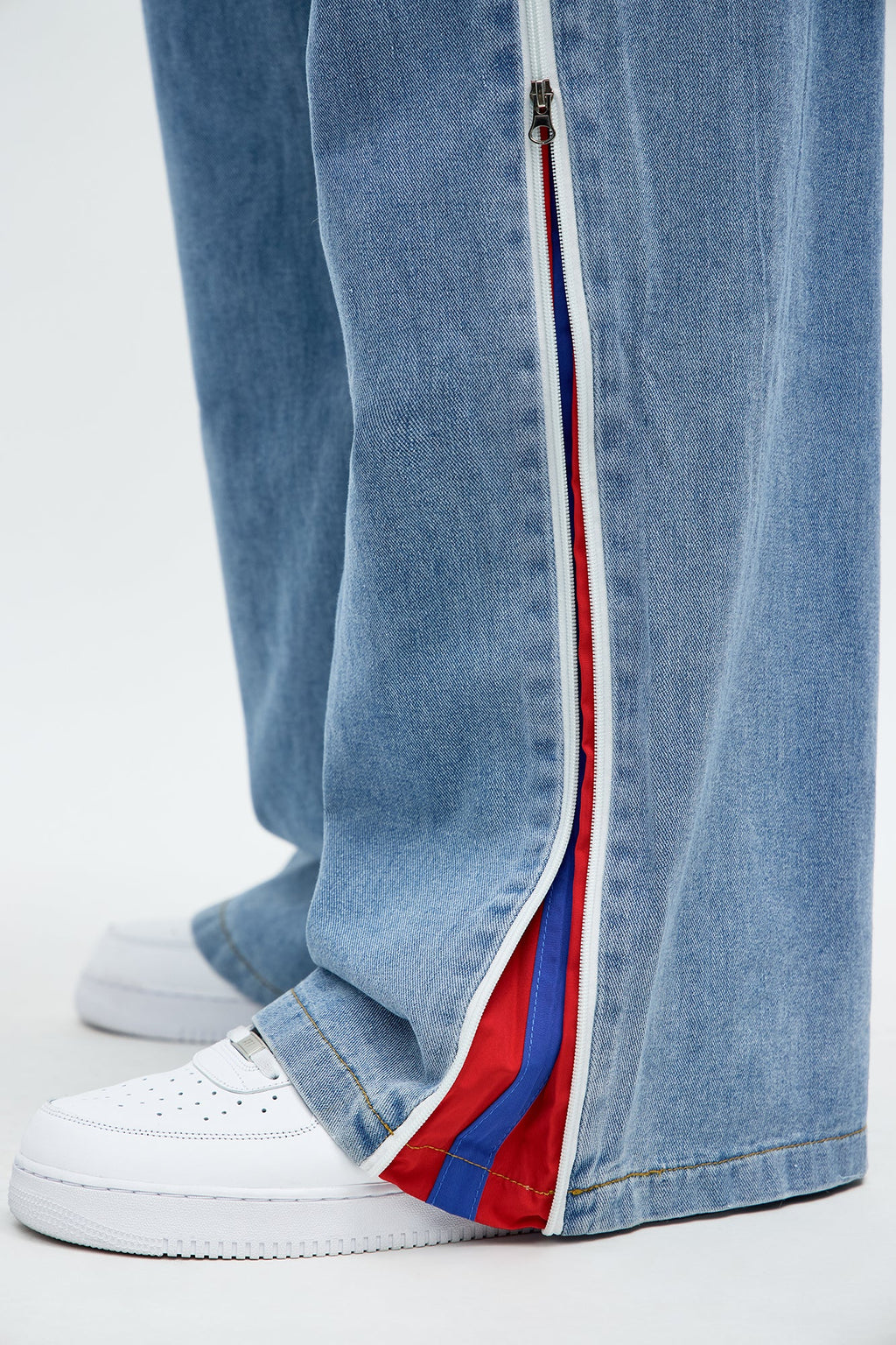Baggy Side Stripe Zip Hit Jeans - Medium Blue Wash