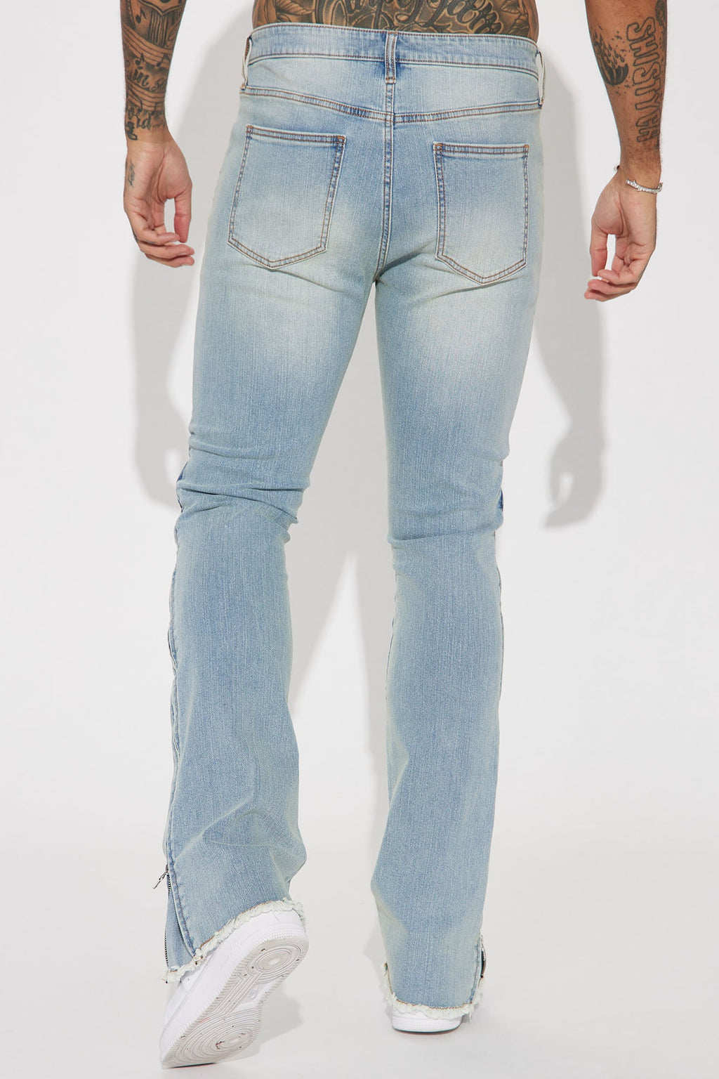 Along Side Zipper Stacked Skinny Flare Jeans - Light Blue Wash