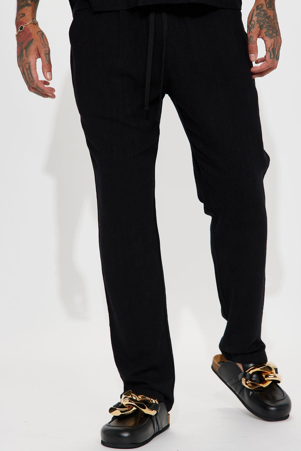 Solid Textured Linen Pull On Side Slit Pants - Black