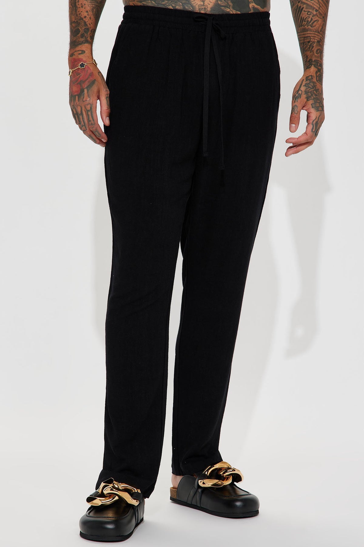 Solid Textured Linen Pull On Side Slit Pants - Black
