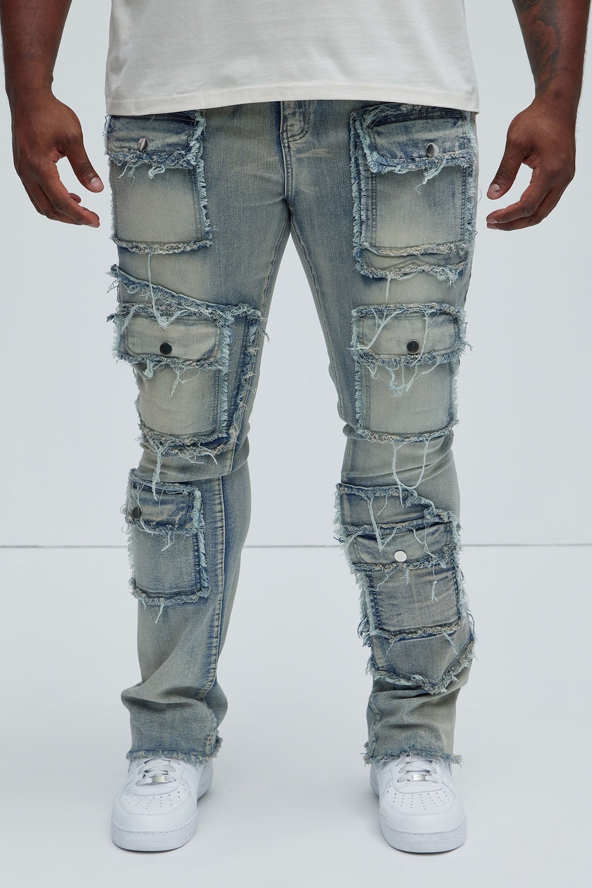 Let's Go Fray Cargo Skinny Flare Jeans - Light Wash