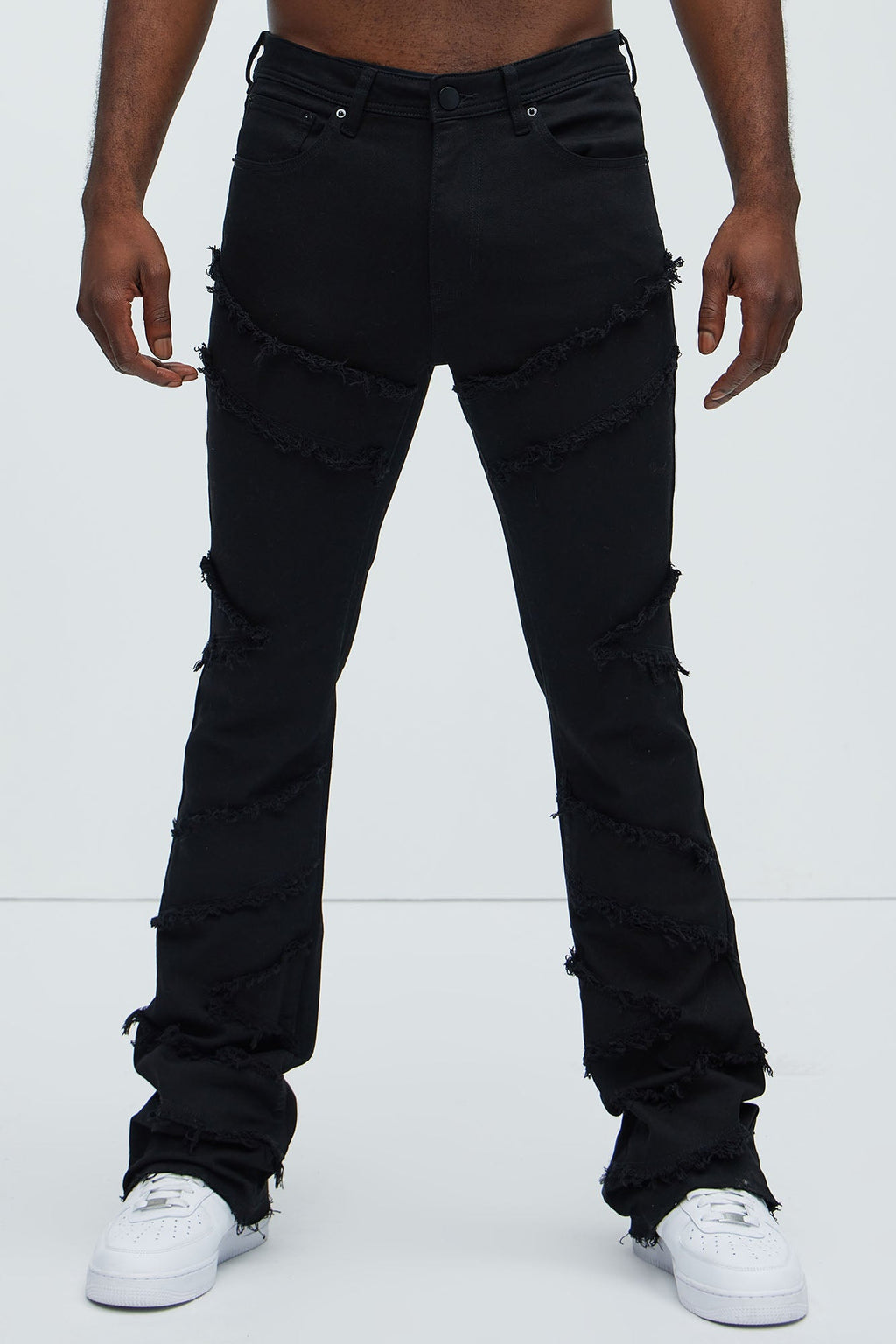 All Over Fray Stacked Skinny Flare Jeans - Black
