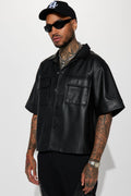 Cropped High Stepper Faux Leather Button Up Shirt - Black