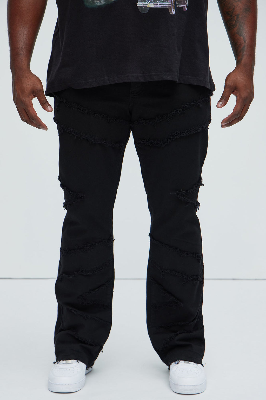 All Over Fray Stacked Skinny Flare Jeans - Black