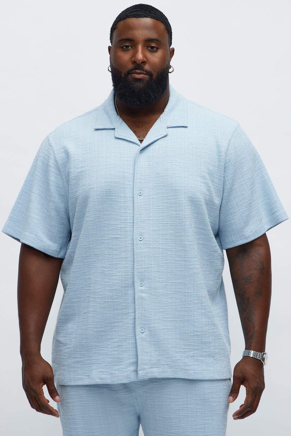 Dean Textured Short Sleeve Button Up Shirt - Light Blue