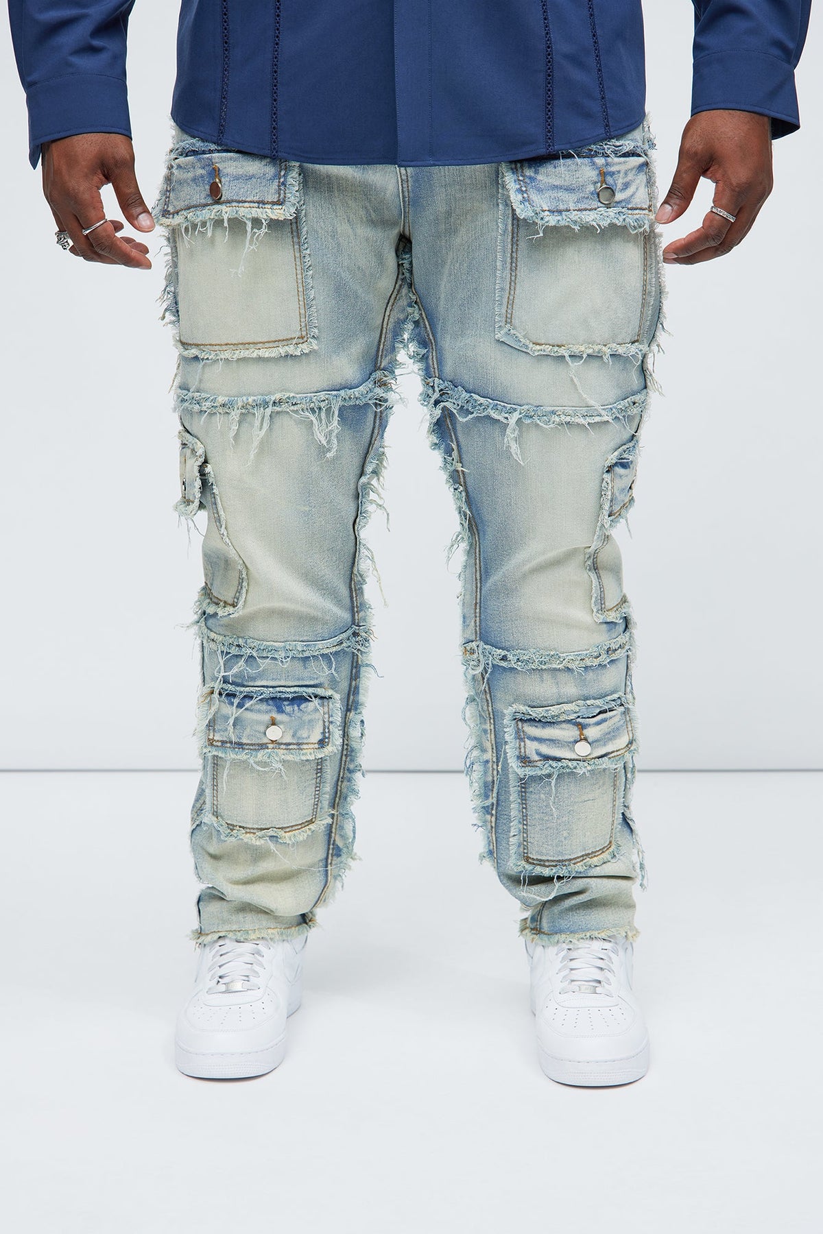 One Way Cargo Frayed Straight Jeans - Medium Wash