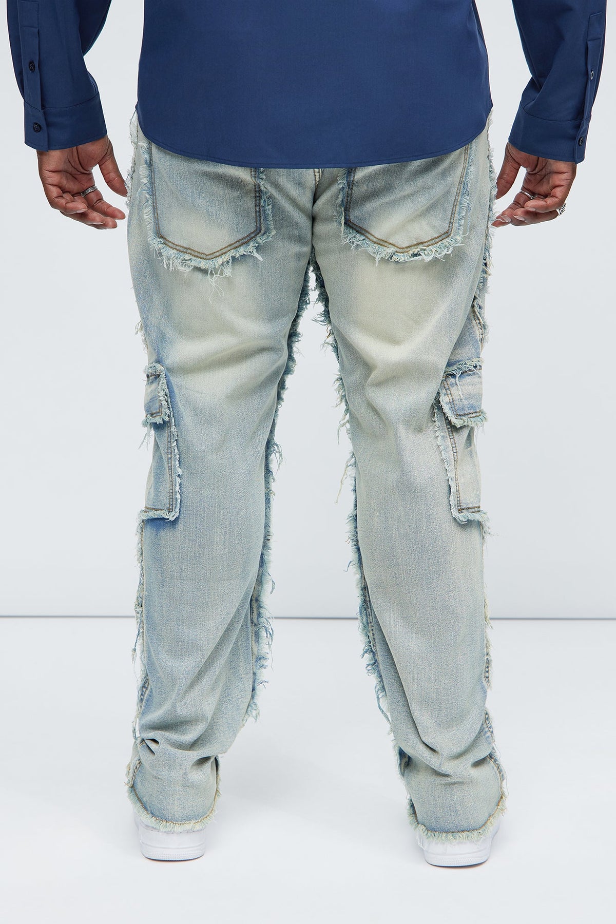 One Way Cargo Frayed Straight Jeans - Medium Wash