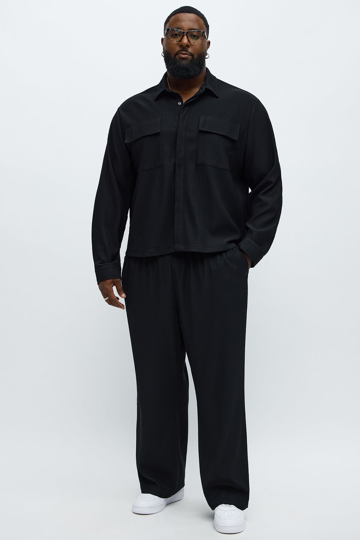 Show Up Cropped Long Sleeve Button Up Shirt - Black