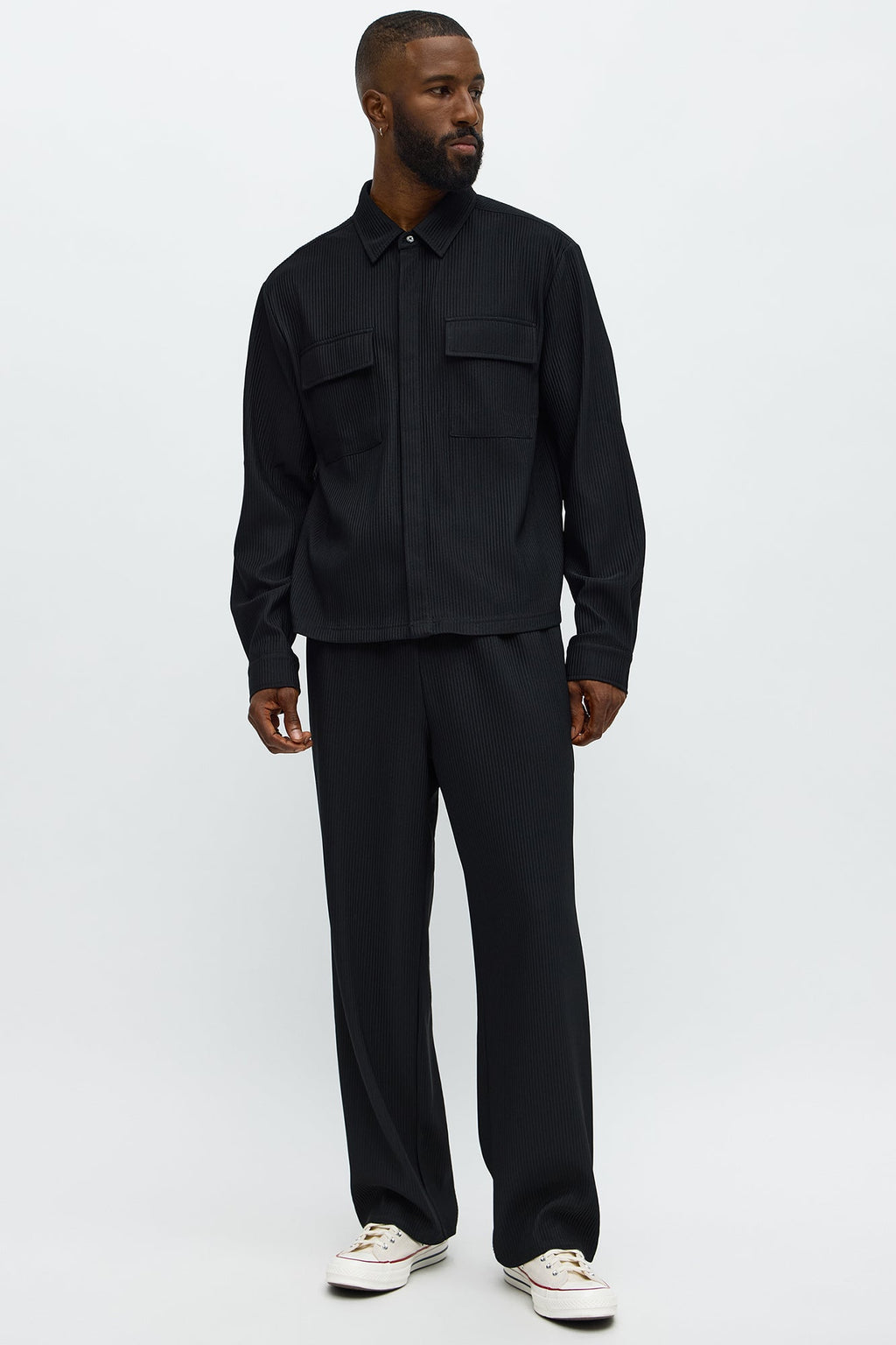 Show Up Cropped Long Sleeve Button Up Shirt - Black