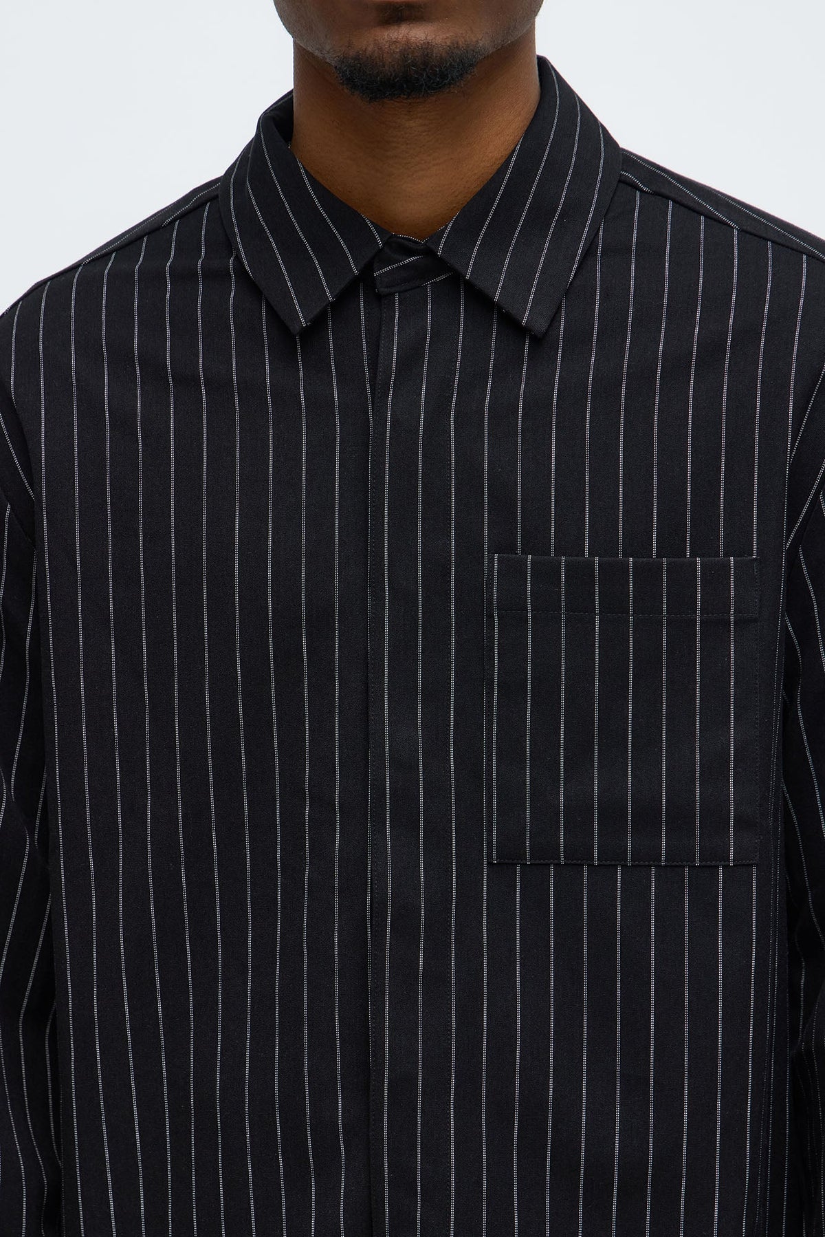 Cropped Striped Button Up Shirt - Black