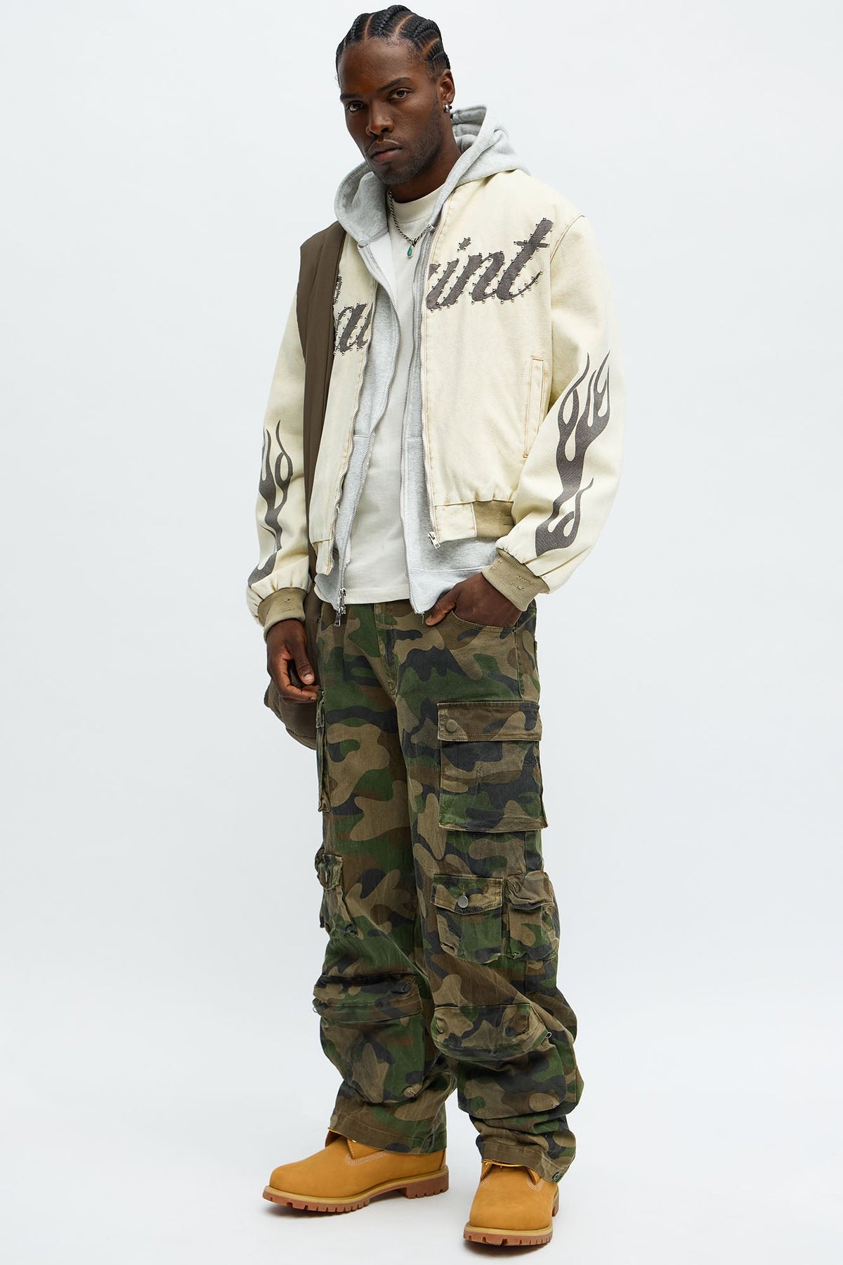 Oversized Studded Saint Utility Bomber Jacket - Stone/Combo