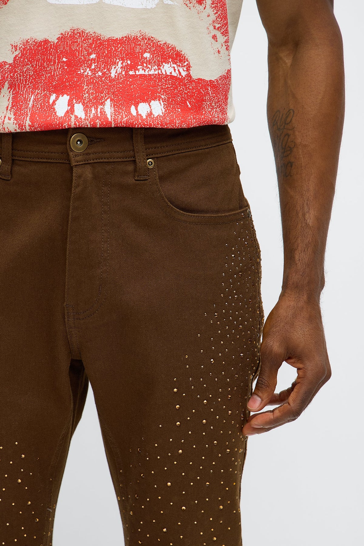 Stacked Skinny Flare Be Jeweled Up Pants - Brown