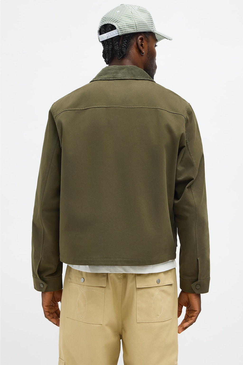 Cropped Utility Corduroy Collar Work Jacket - Olive
