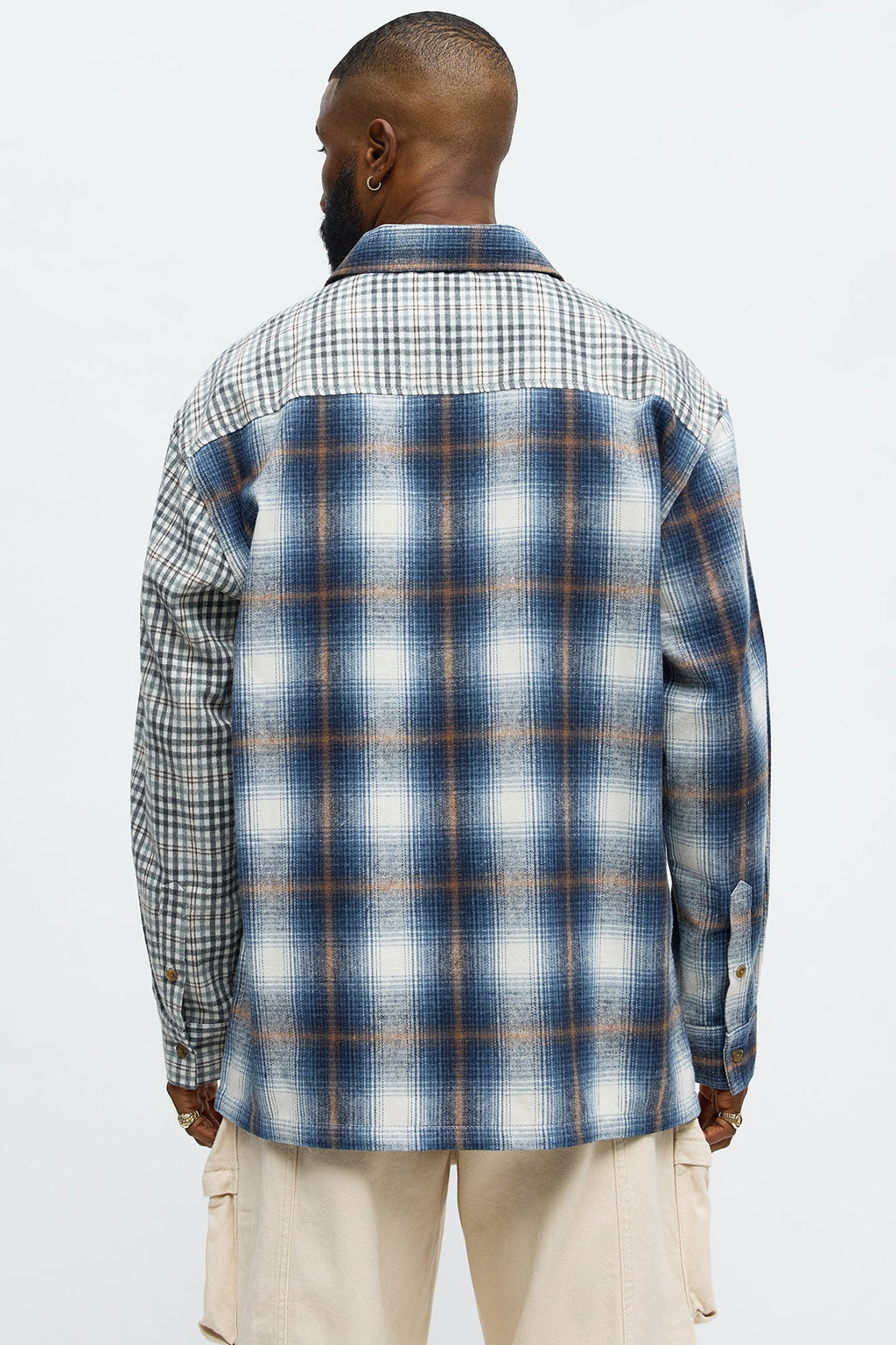 Patchwork Flannel Button Up Shirt - Blue/combo
