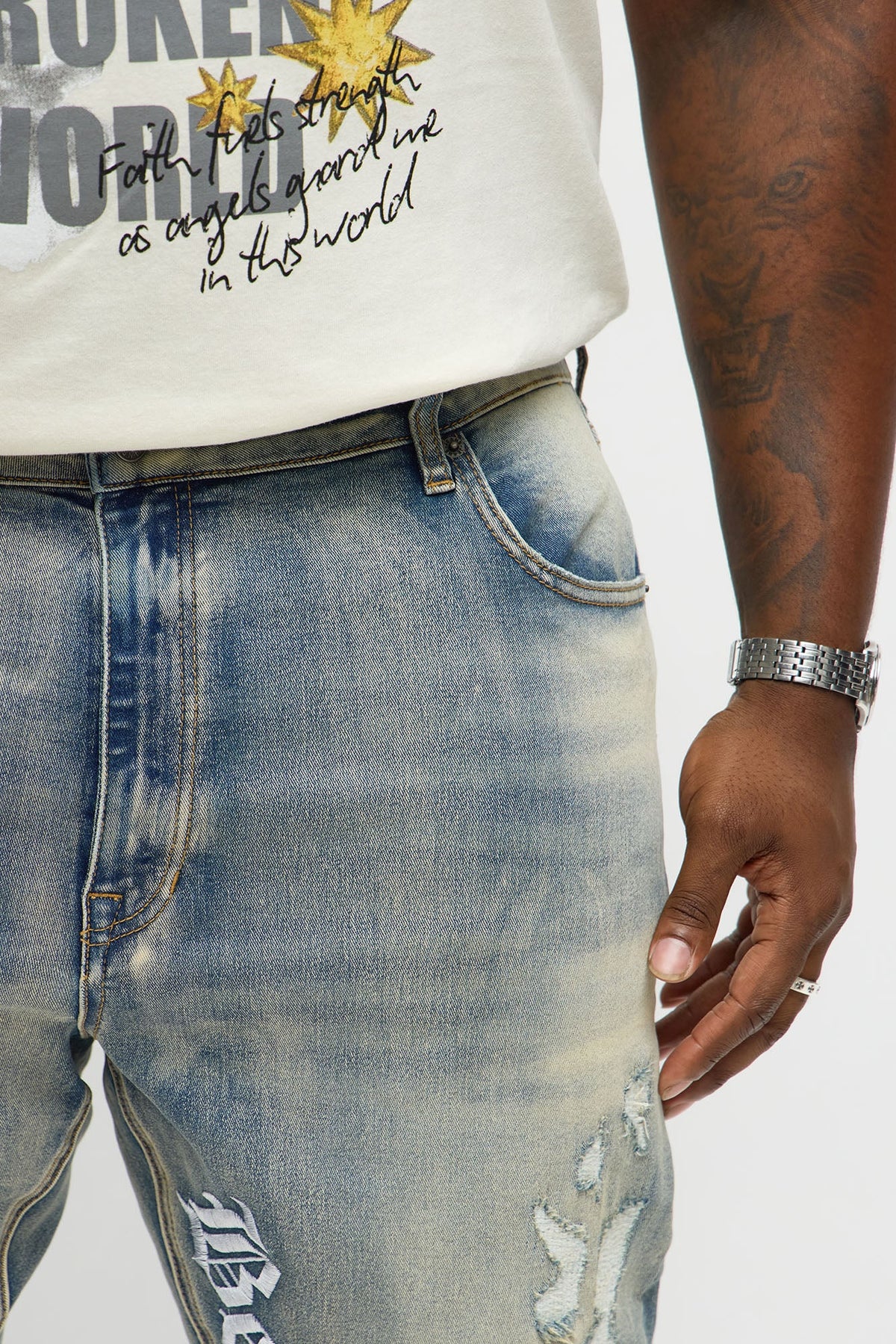 Stacked Skinny Flare Be Brave Be Fearless Embridered Jean - Vintage Blue Wash