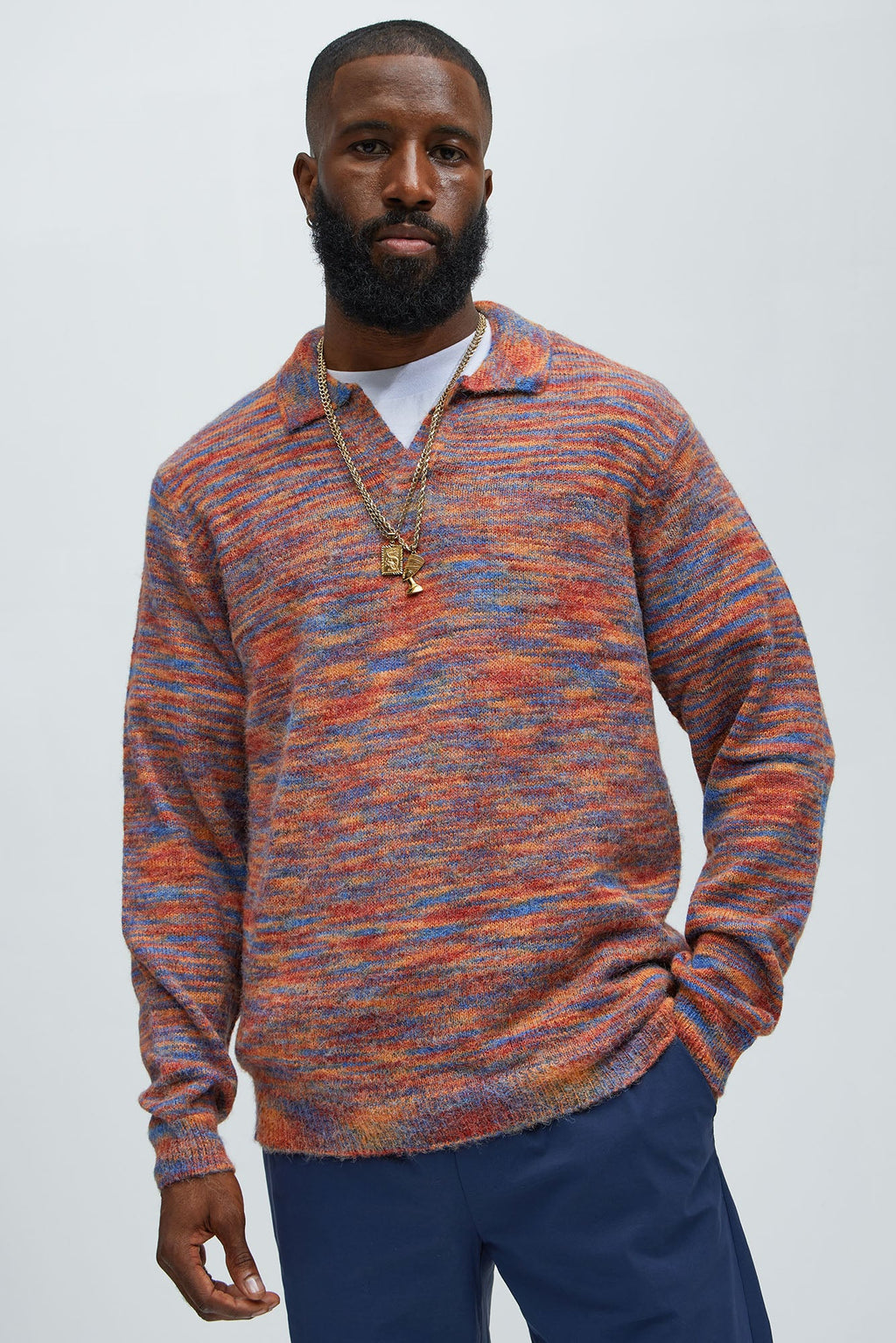 Blinded Mohair Johnny Collar Sweater - Red/combo