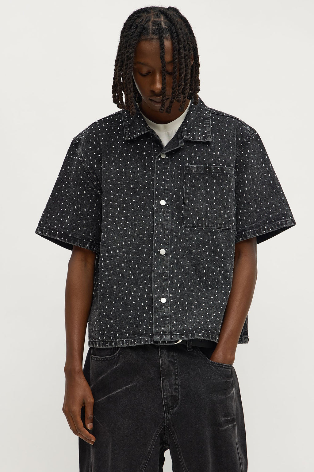 Cropped Embellished Denim Button Up Shirt - Black Wash