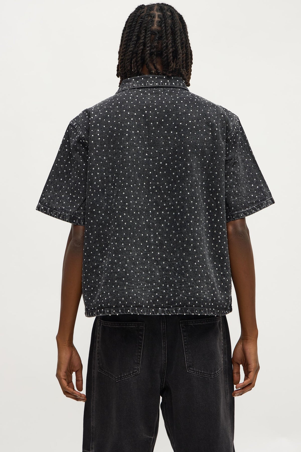 Cropped Embellished Denim Button Up Shirt - Black Wash