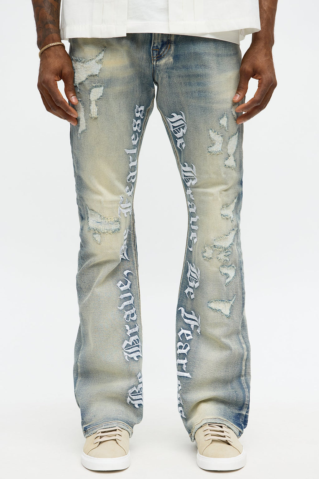 Stacked Skinny Flare Be Brave Be Fearless Embridered Jean - Vintage Blue Wash