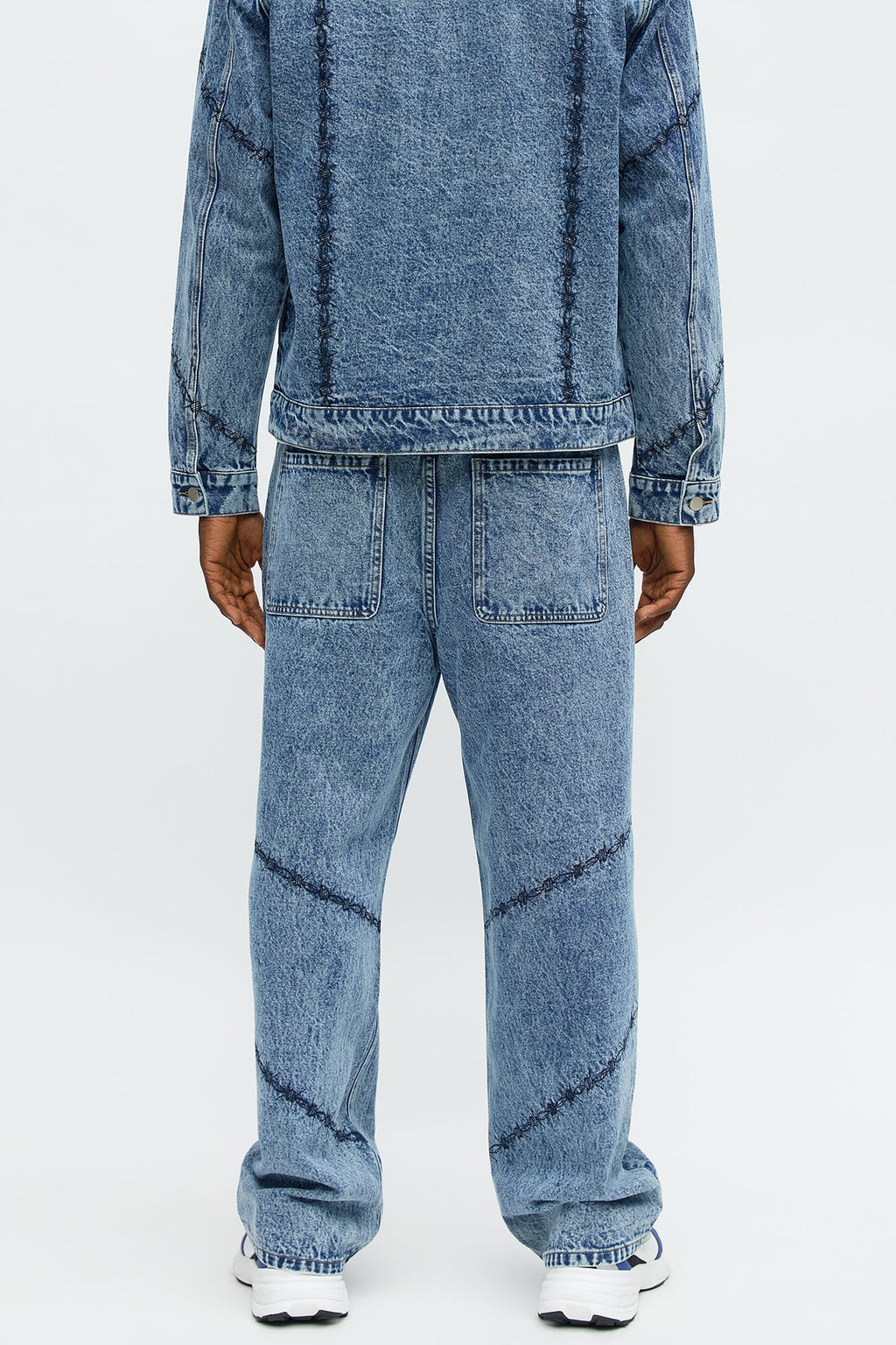 Baggy Embroidered Barbwire Jean - Medium Blue Wash