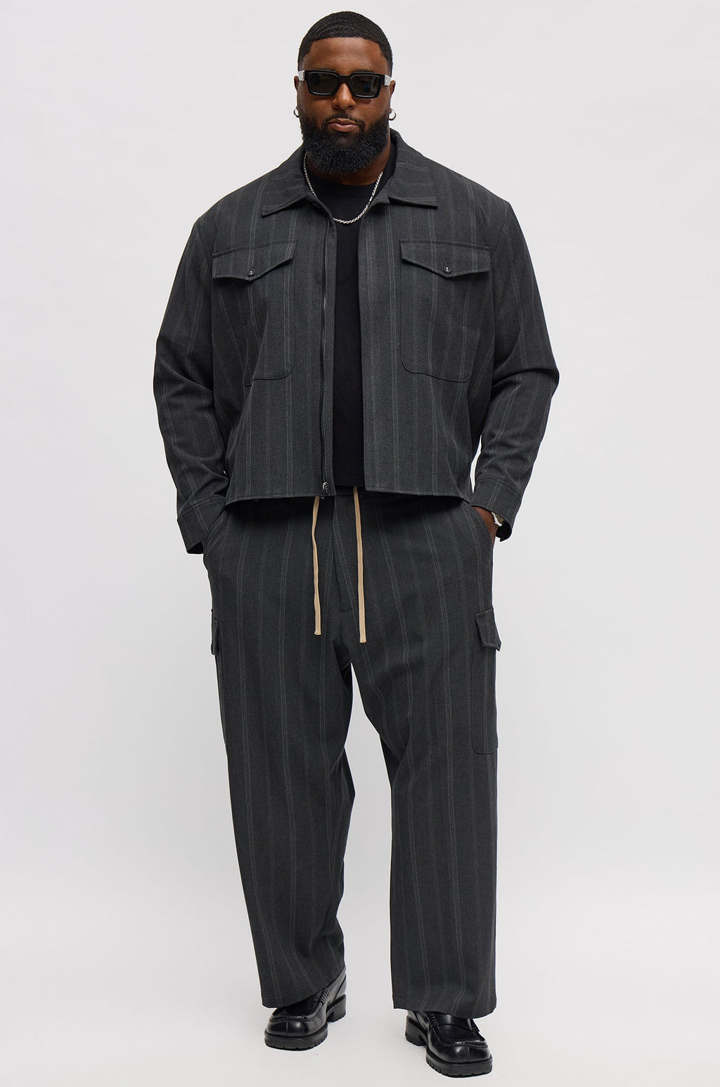 Relaxed Striped Suiting Bomber Jacket - Grey/combo