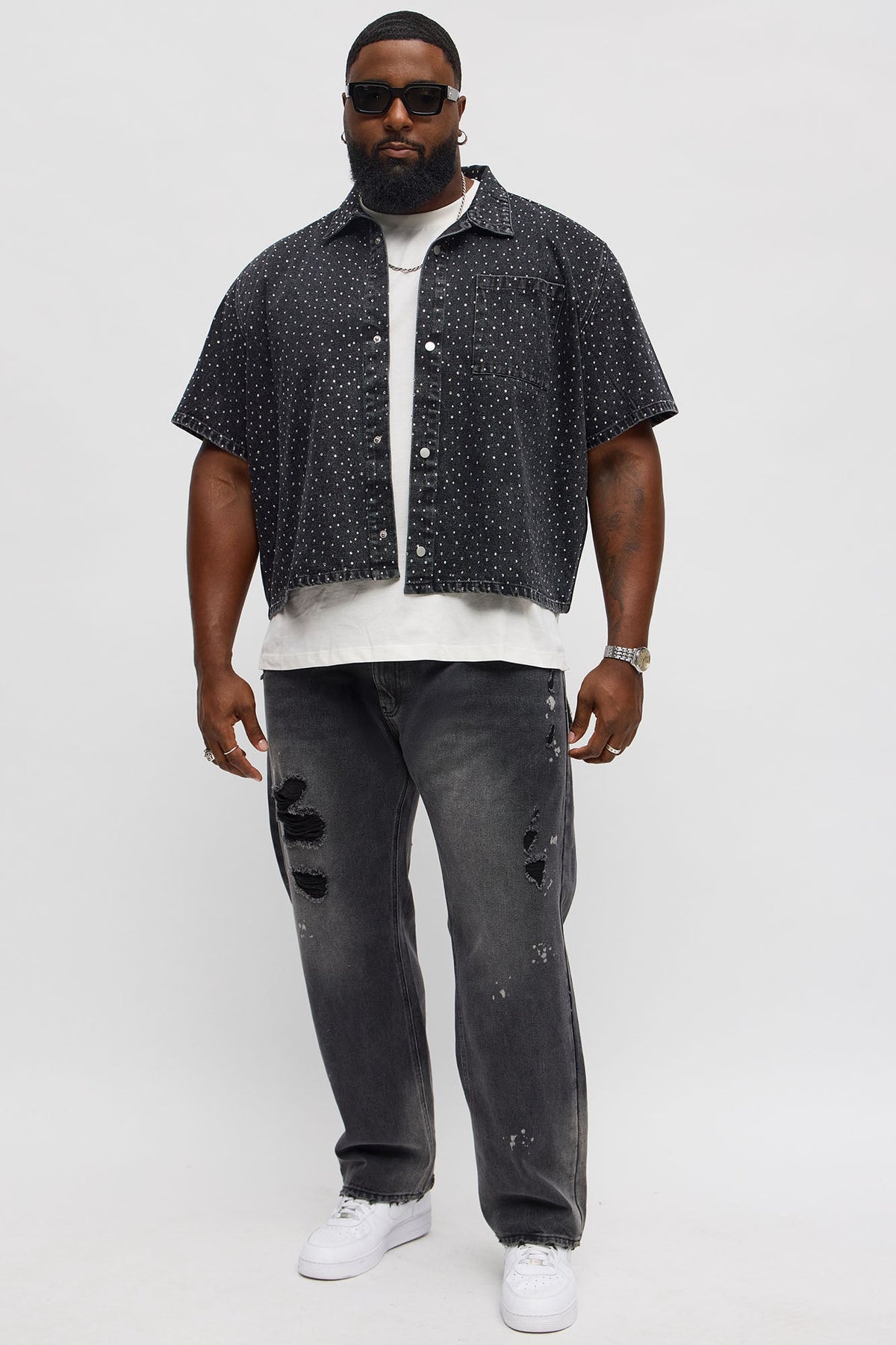 Cropped Embellished Denim Button Up Shirt - Black Wash