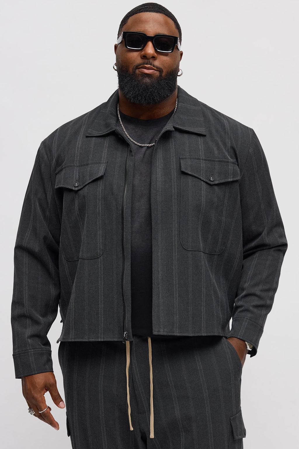 Relaxed Striped Suiting Bomber Jacket - Grey/combo