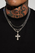 Iced Out Cross Out 3 Piece Chain Necklace - Silver