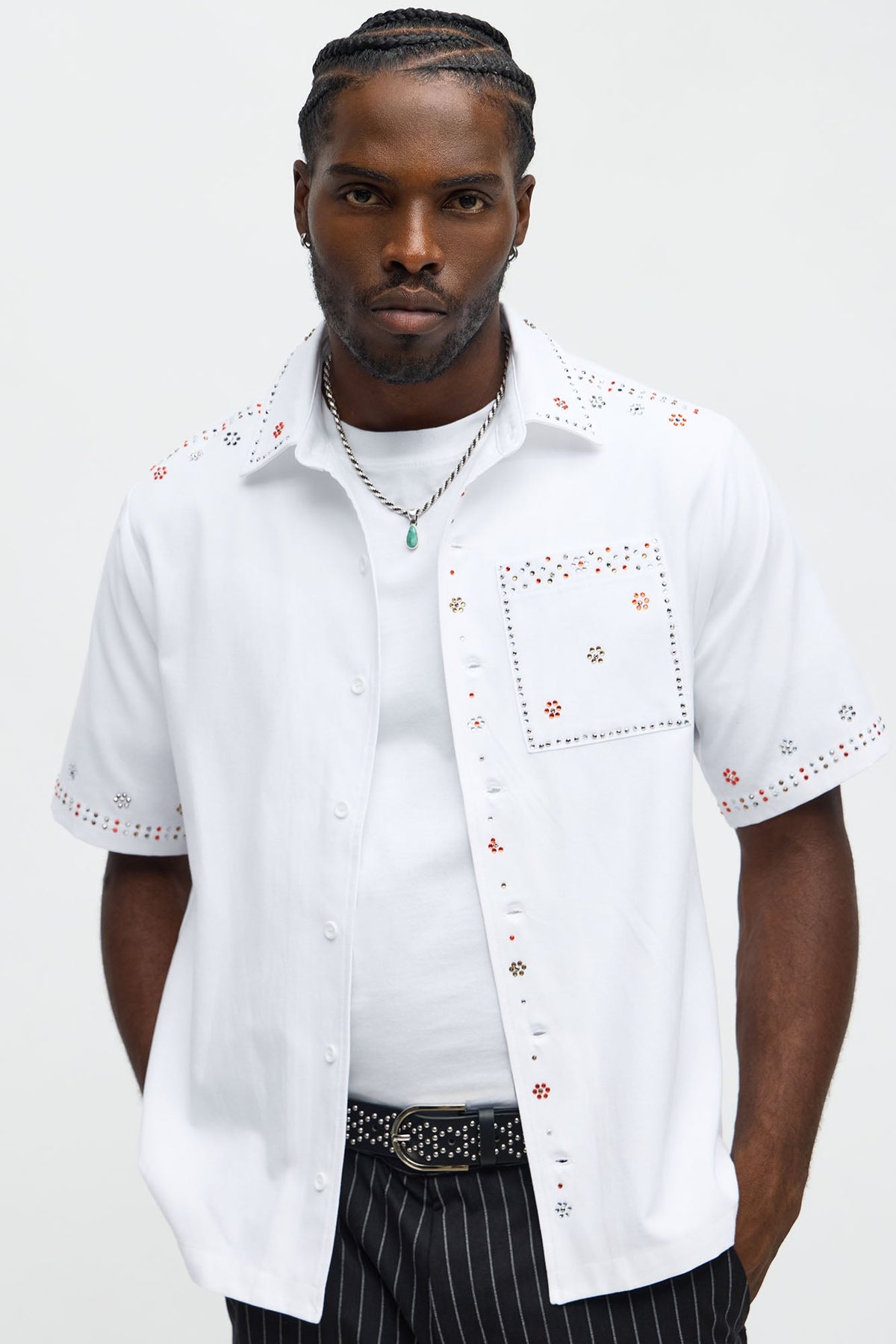 Midnight Blossom Rhinestone Button Up - White