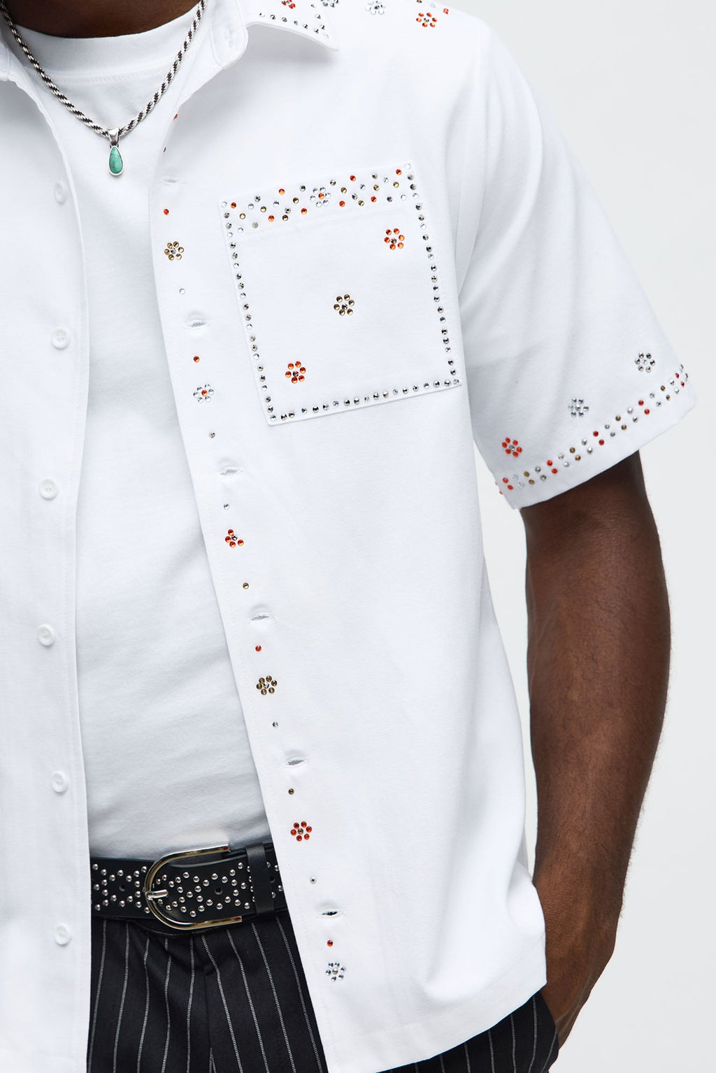 Midnight Blossom Rhinestone Button Up - White
